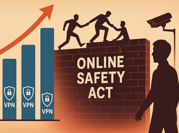 AI generated image of a chart showing increased VPN use with people climbing over a wall watched by a security camera