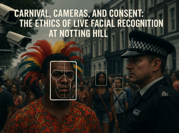 AI generated image showing a male face overlaid with facial recognition mapping with a policeman watching